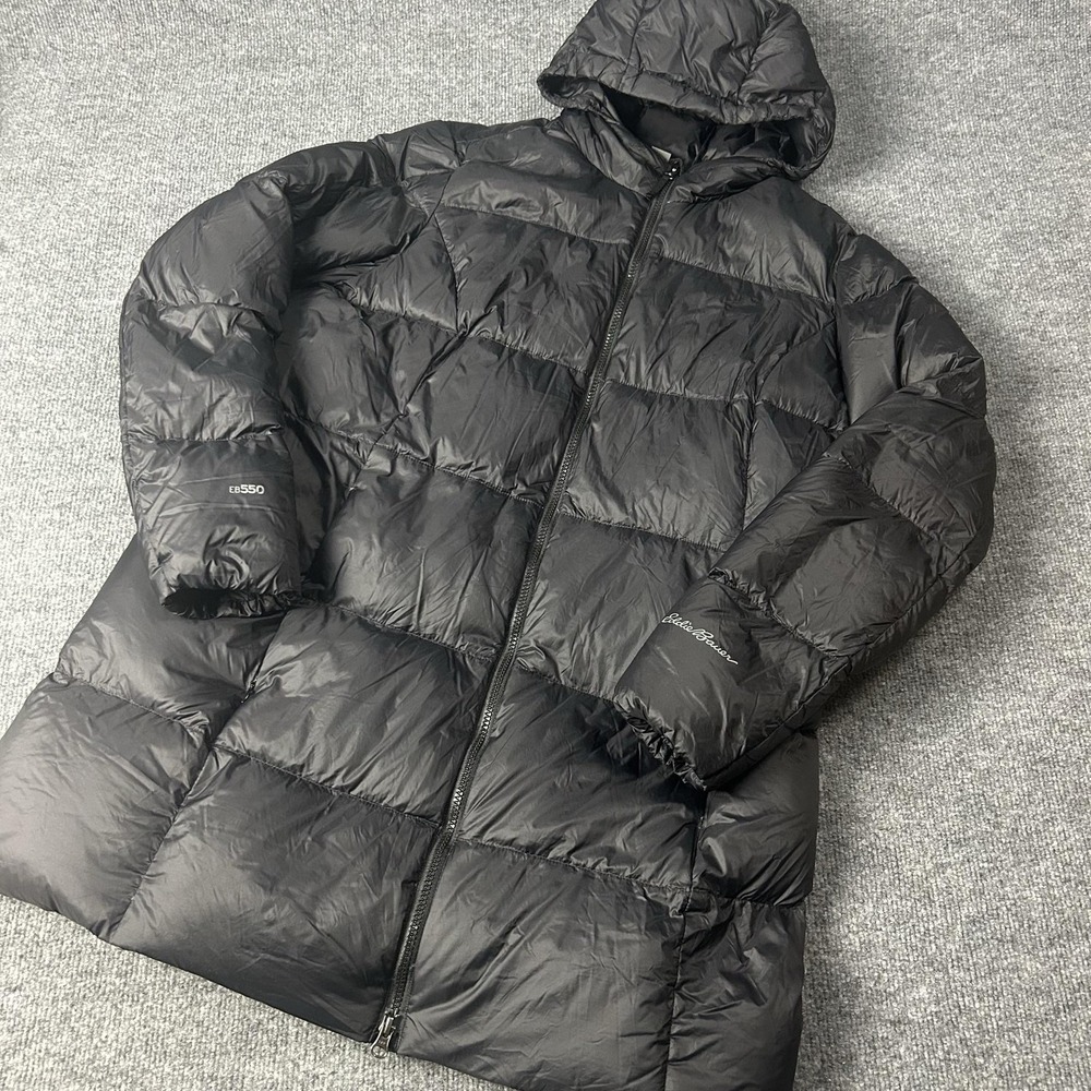 Eddie Bauer Coat Womens XL Black EB550 Down Puffer Hooded Mid Length Warm